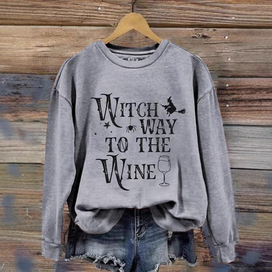 Women's Halloween Witch Wine Glass Print Crewneck Sweatshirt