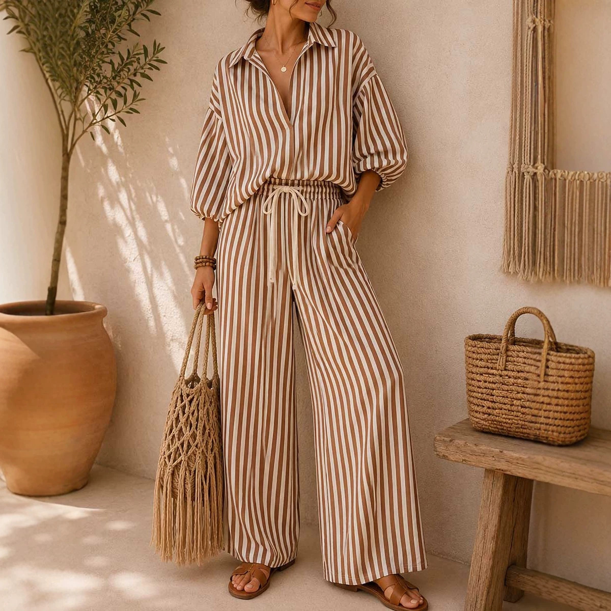 Striped Top & Solid Wide-Leg Pants Two-Piece Set