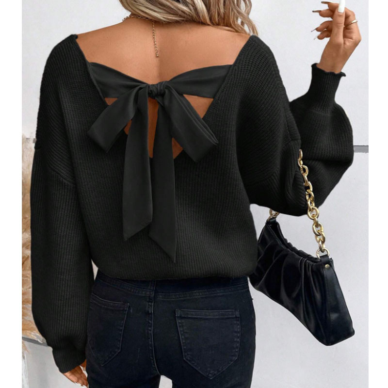 V-Neck Bow Knit Sweater Women's Long Sleeve Loose Fit