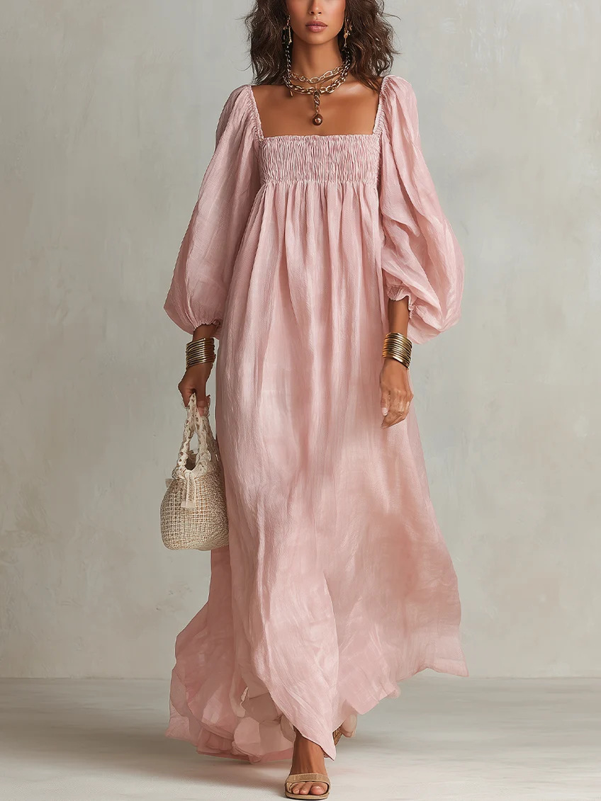 Elegant Square Neck Long Sleeve Loose Vacation Dress