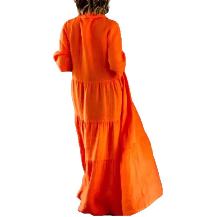Solid Color Collared Long Sleeve Button Loose Dress