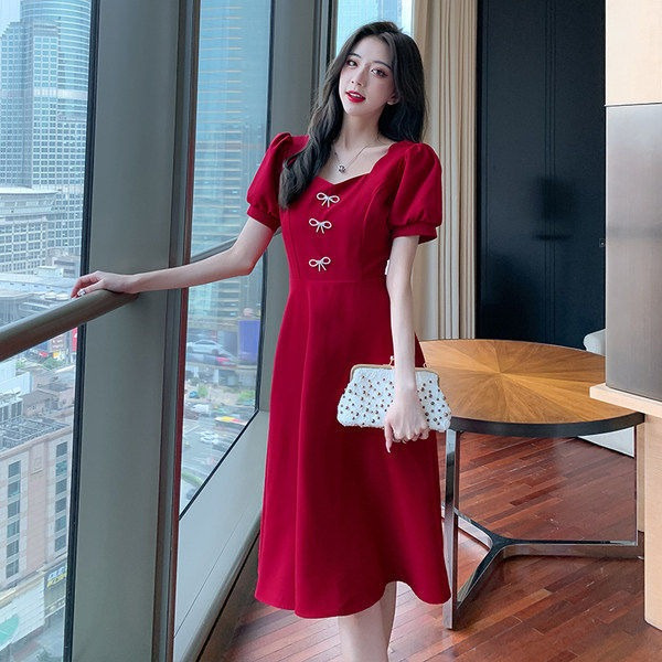 Plus Size French Style Dress with Puff Sleeves and Bow, Square Neck A-Line Midi Dress
