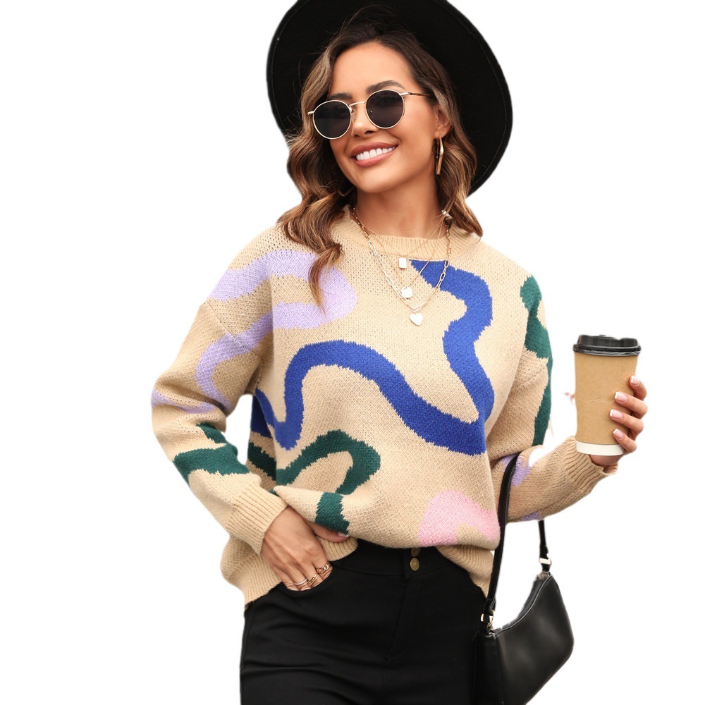 Geometric Color-Block Crewneck Knit Sweater, Loose Pullover