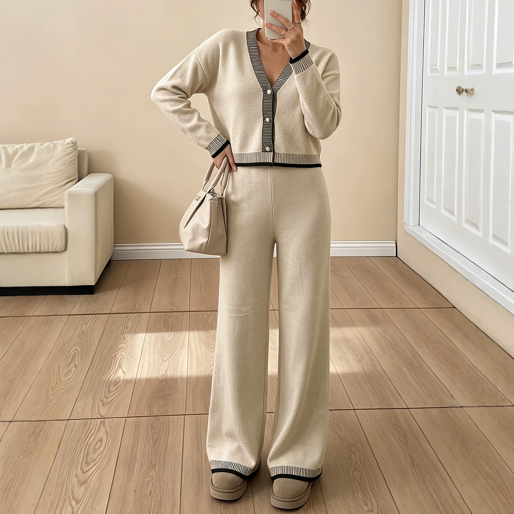 Women's Long Sleeve V-Neck Colorblock Striped Knit Top and Wide-Leg Pants Set