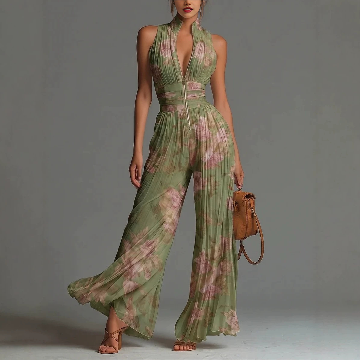 Women's Printed Mesh High-Waist Split Thigh Sleeveless Jumpsuit