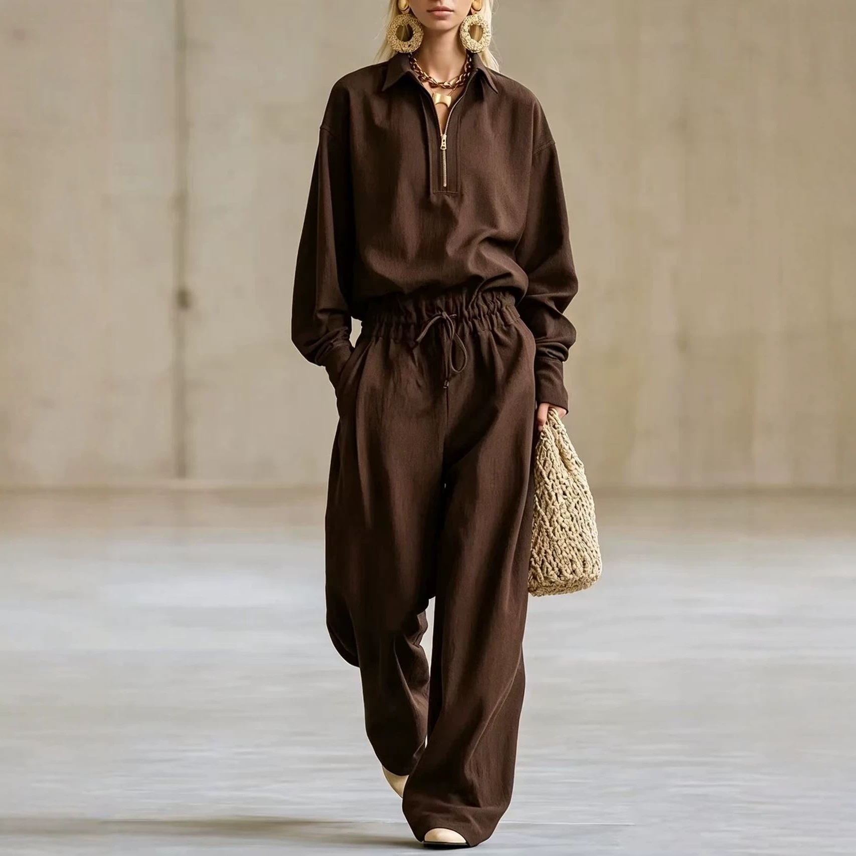 Solid Color Long Sleeve Drawstring Hoodie & Wide Leg Pants Set