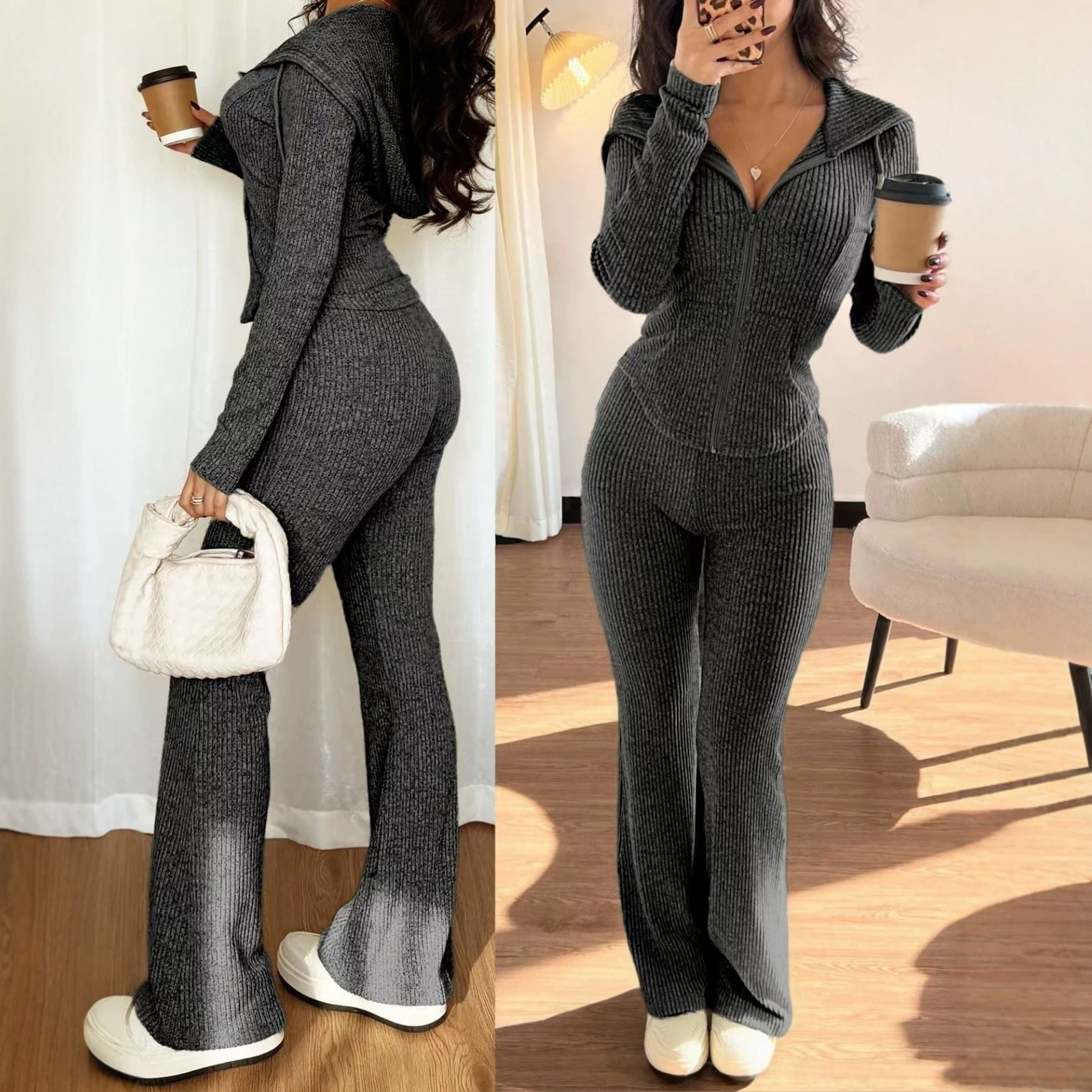 Women's Slim Fit Zip-Up Top and Pants Set