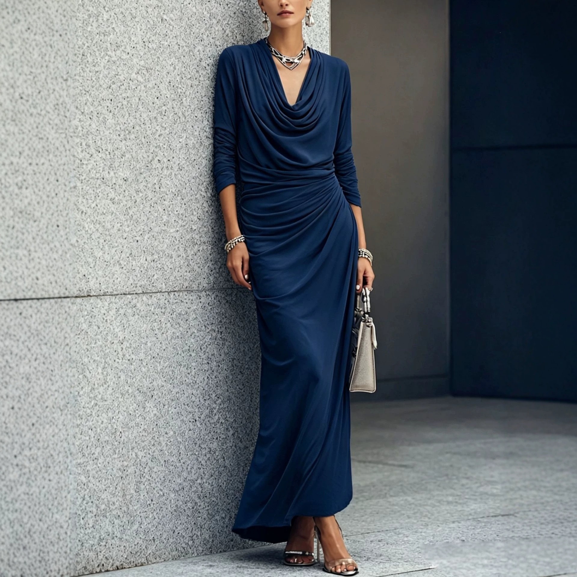Women's Long Sleeve Draped Neck Ruched Waist Midi Dress