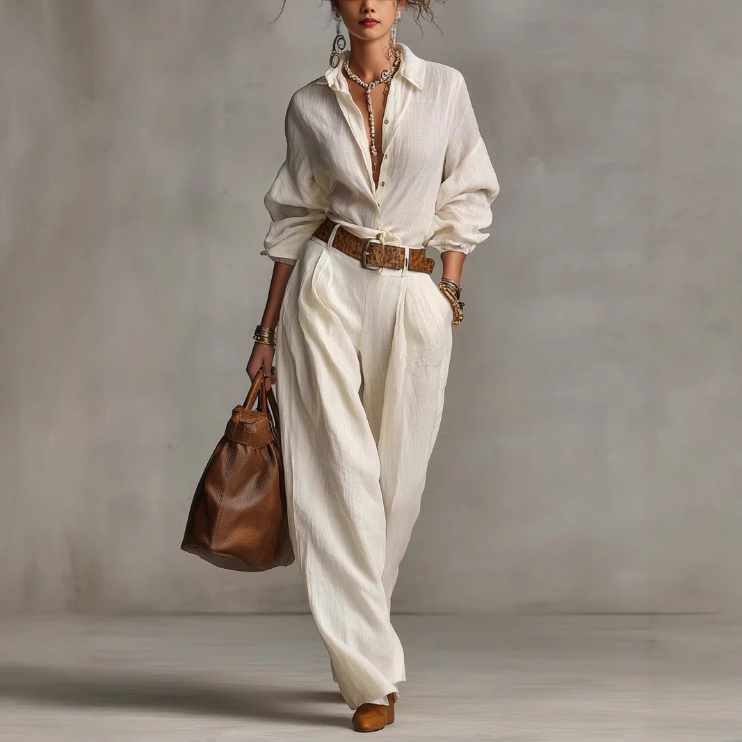 Women's Cotton-Linen Long-Sleeve Button Shirt Jumpsuit with Pockets