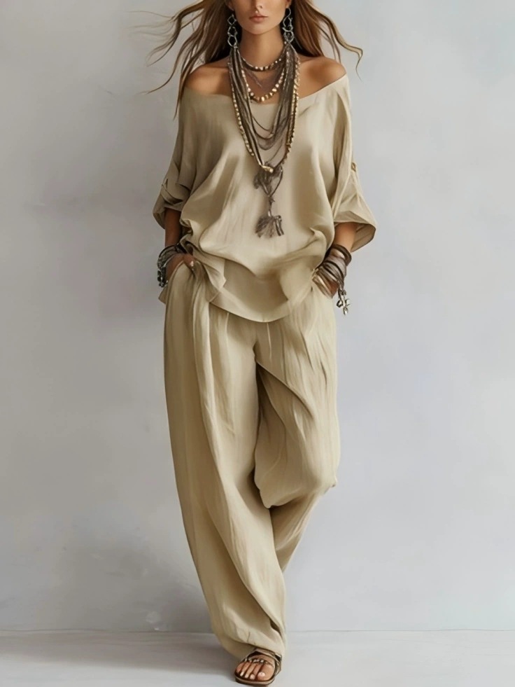 Off-Shoulder Two-Piece Set with Batwing Sleeve Top and High-Waist Wide-Leg Pants