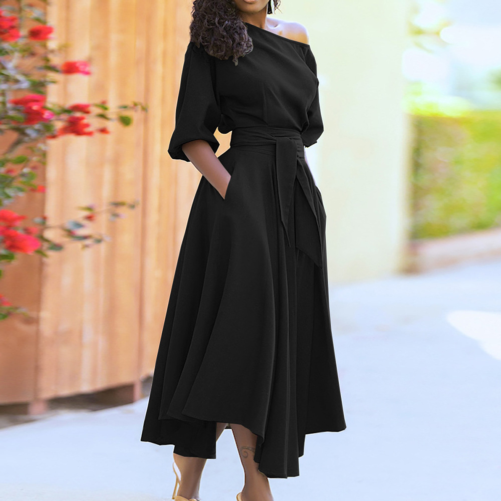 Women's One-Shoulder Tie-Waist Maxi Dress