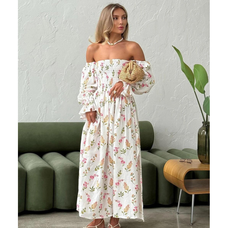 Off-Shoulder Floral Pleated Lantern Sleeve Long Sleeve Dress
