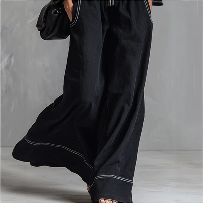 Women's Black Long Sleeve Wide Leg Jumpsuit with Zip