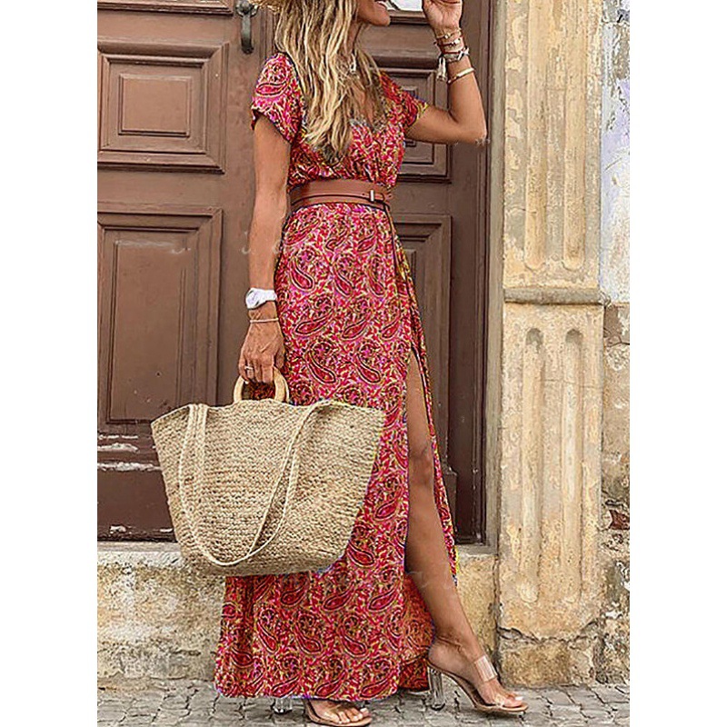 Bohemian V-Neck Floral Print Midi Dress