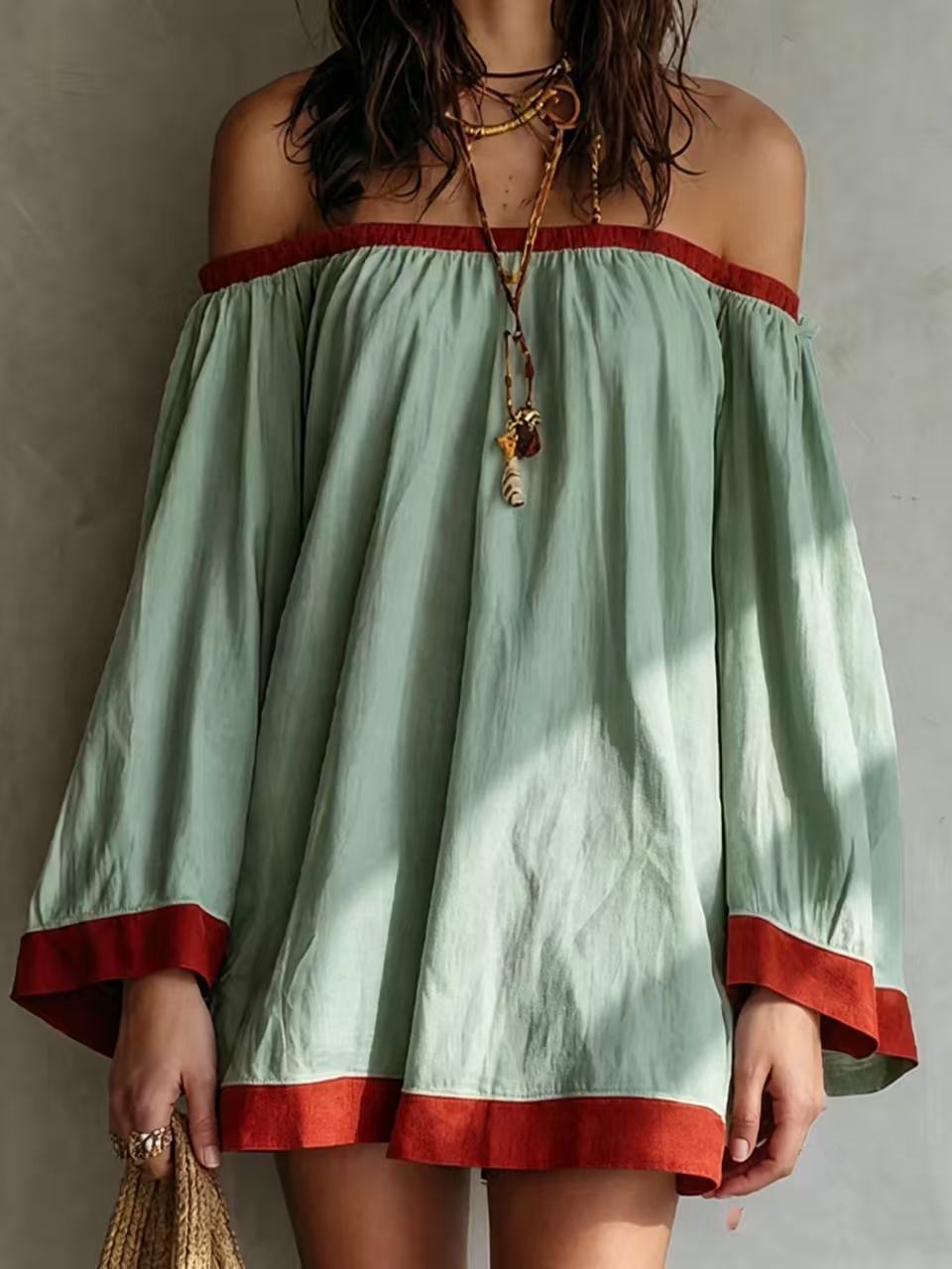 Retro Color-Block Shirt Dress with Red Trim Bell Sleeves