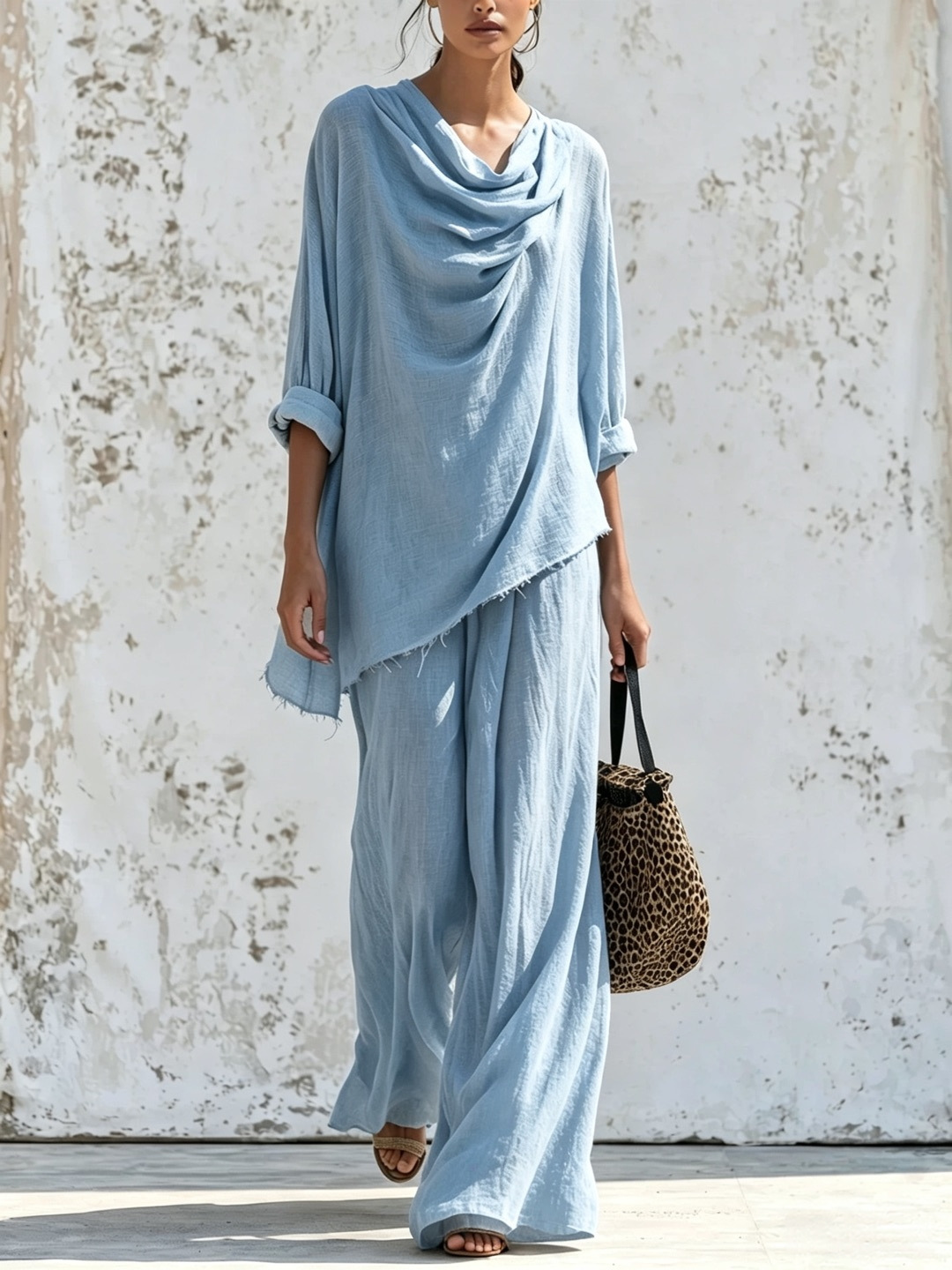 Women's Long Sleeve Frayed Trim Top & Wide Leg Pants Casual Set