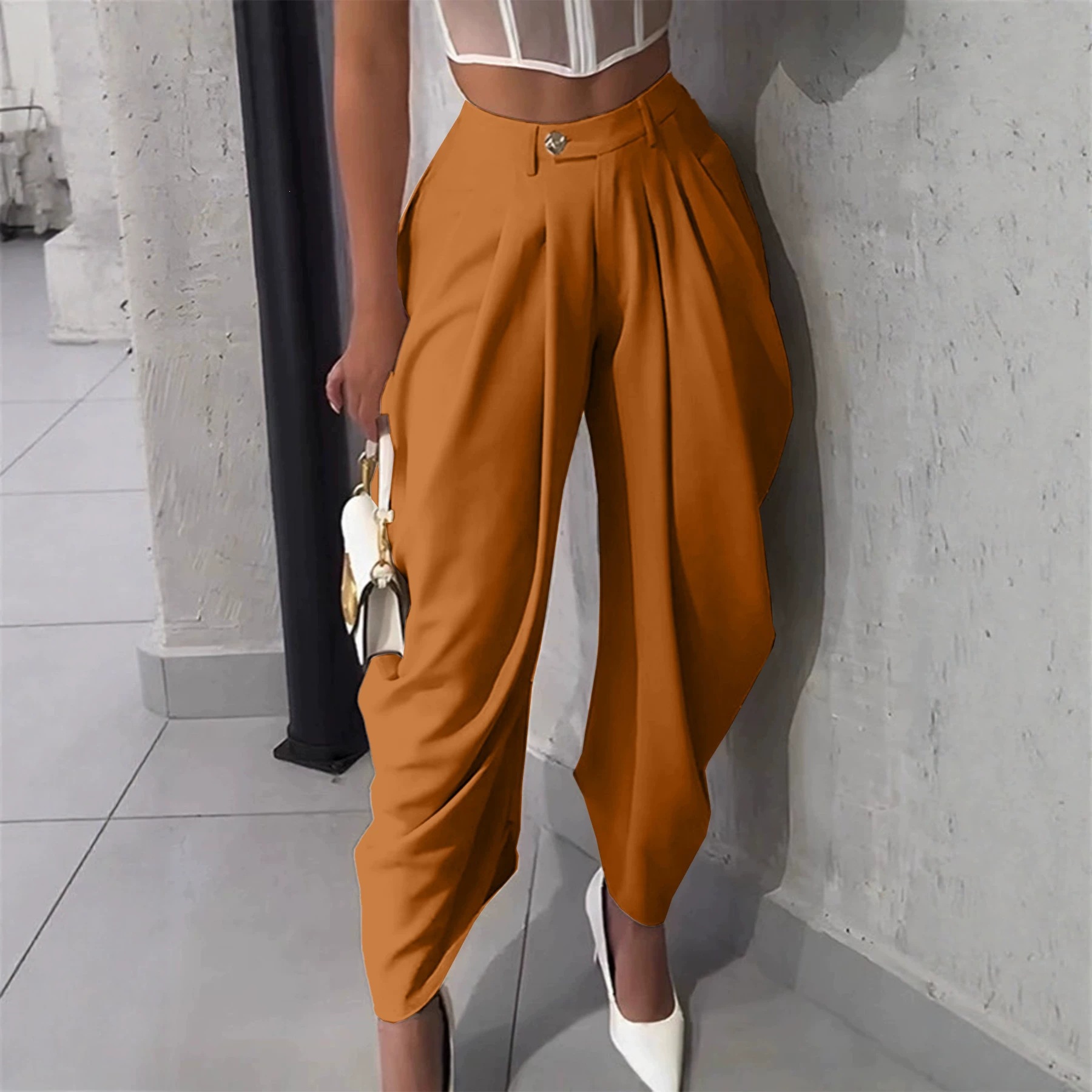 High-Waist Asymmetric Twist Pleated Harem Pants