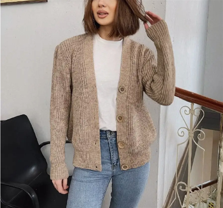 V-Neck Four-Button Knit Cardigan Sweater Coat Women's Loose Relaxed Fit