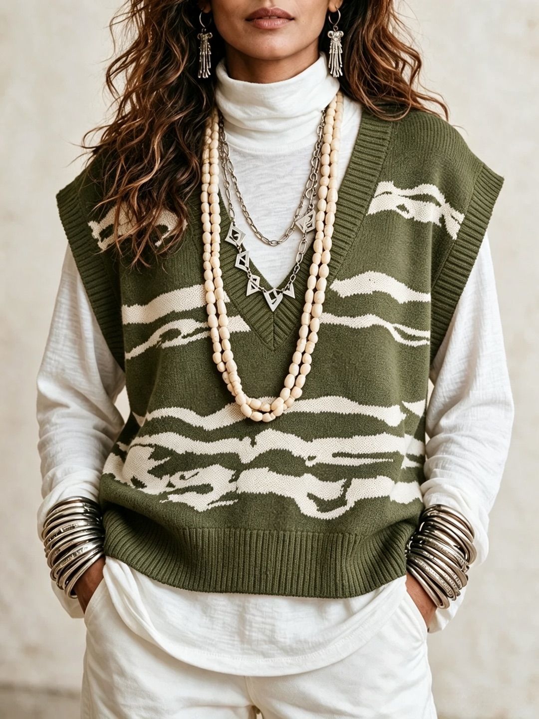 V-Neck Wavy Knit Sweater Vest Sleeveless Pullover