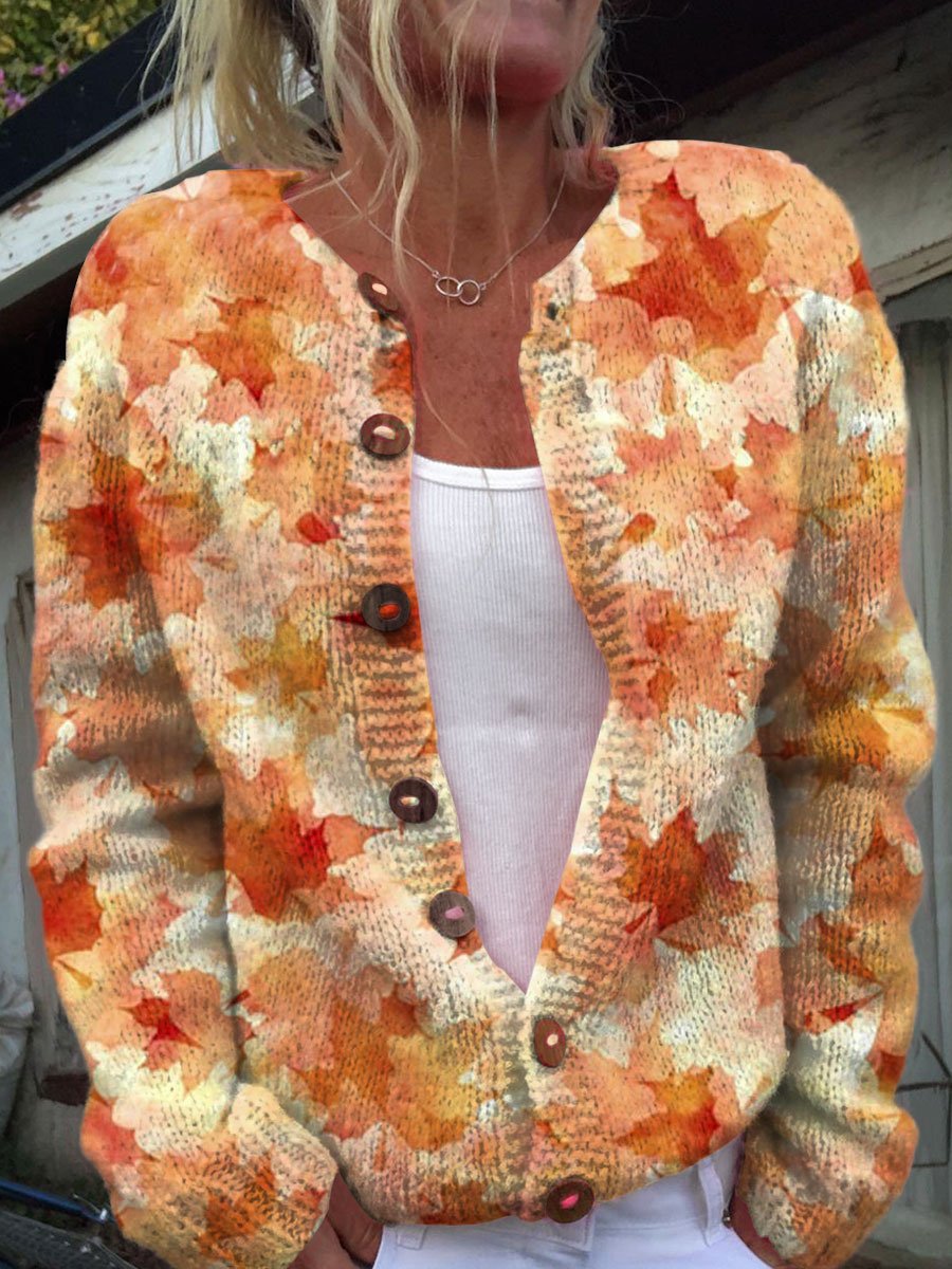 Women's Daisy Maple Leaf Floral Print Button Cardigan