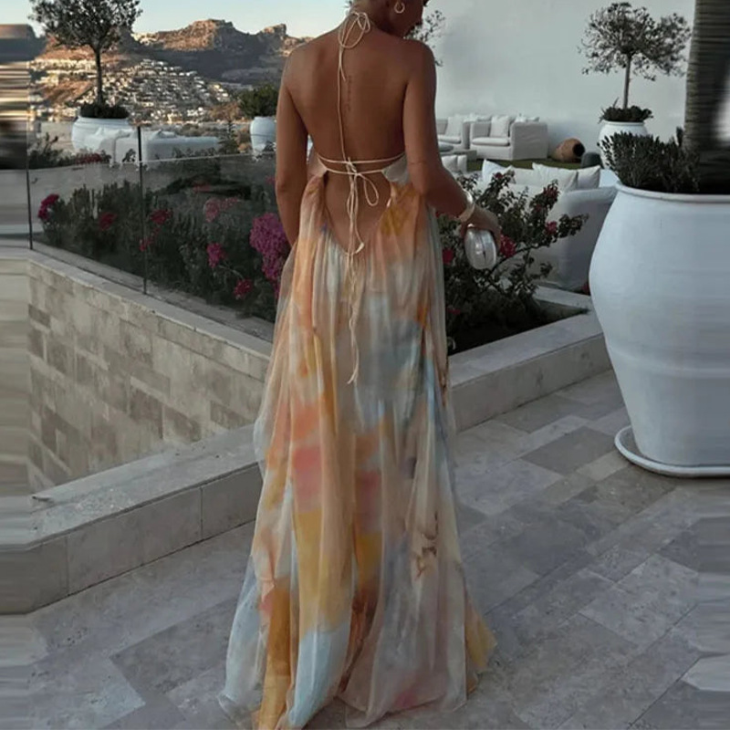 Women's Floral Halter Neck Off-Shoulder Long Dress Casual Loose Fit