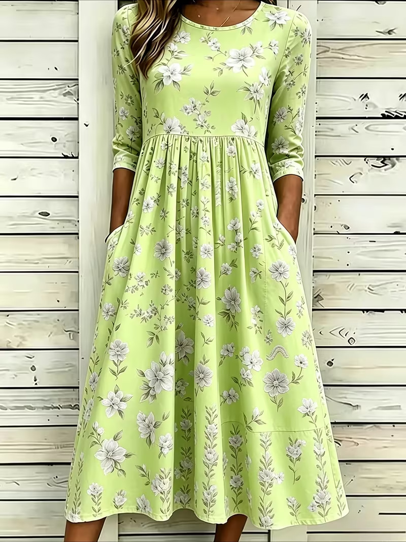 Women's Fresh Floral Print Ruched Midi Dress