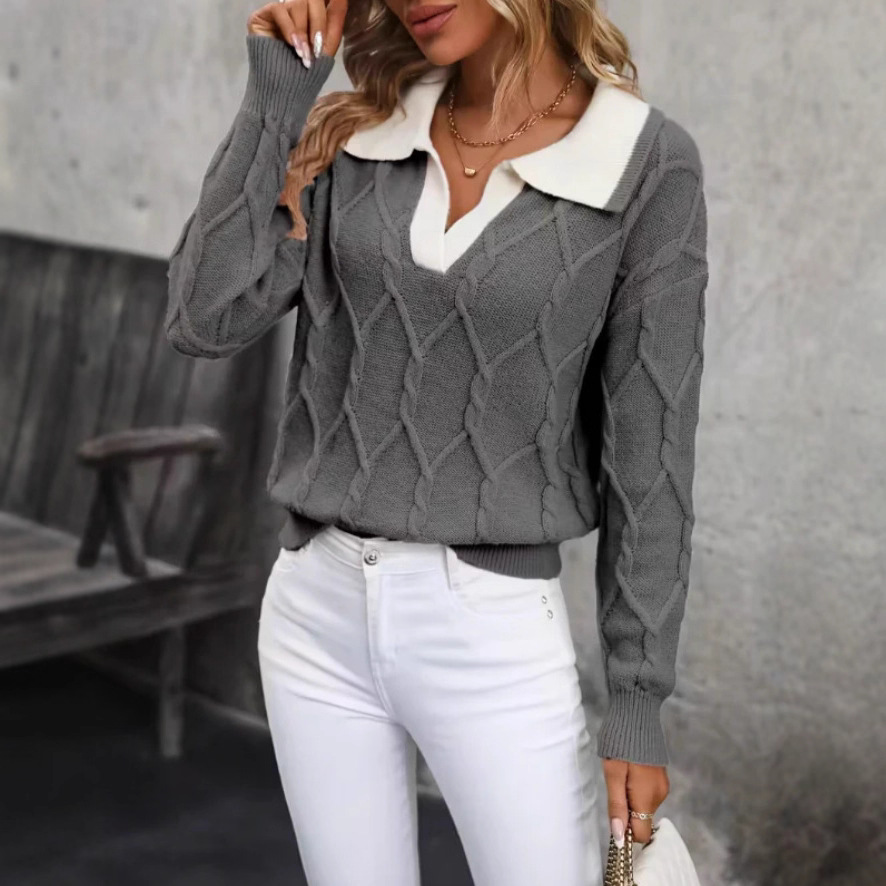 Elegant Color-Block Lapel Collar Long-Sleeve Knit Sweater
