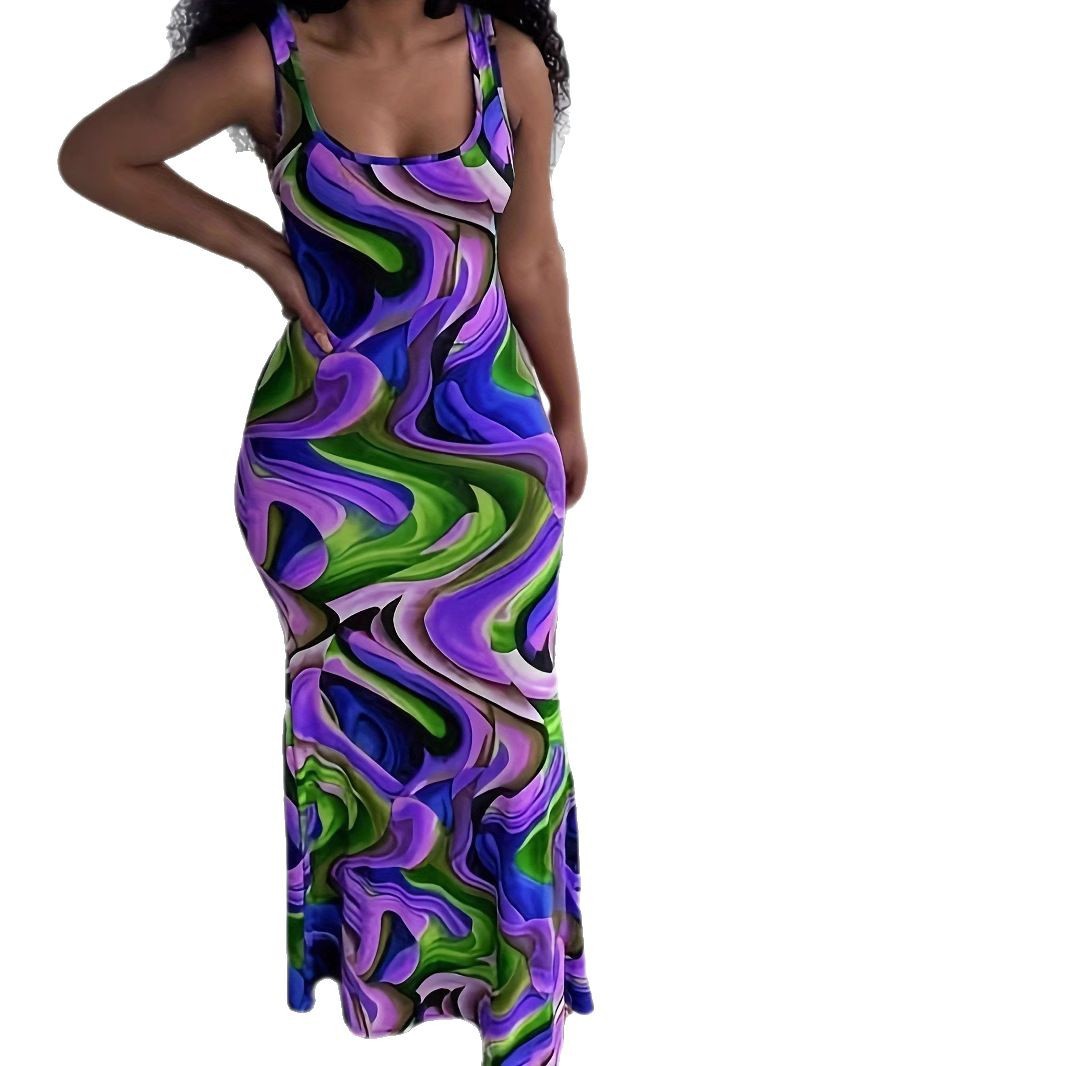 Women's Colorful Wave Print Bodycon Maxi Dress with Deep U-Neck