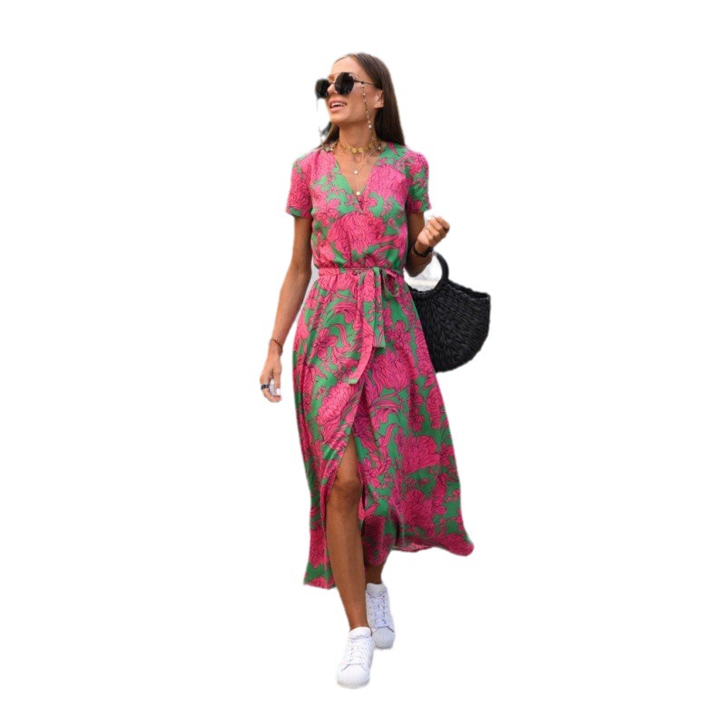 V-Neck Floral Tie-Waist Midi Dress with Flutter Sleeves