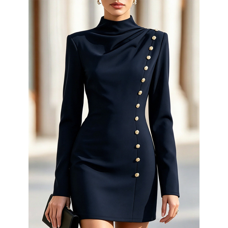 Mock Neck Ruched Bodycon Mini Dress with Metal Buttons Long Sleeve