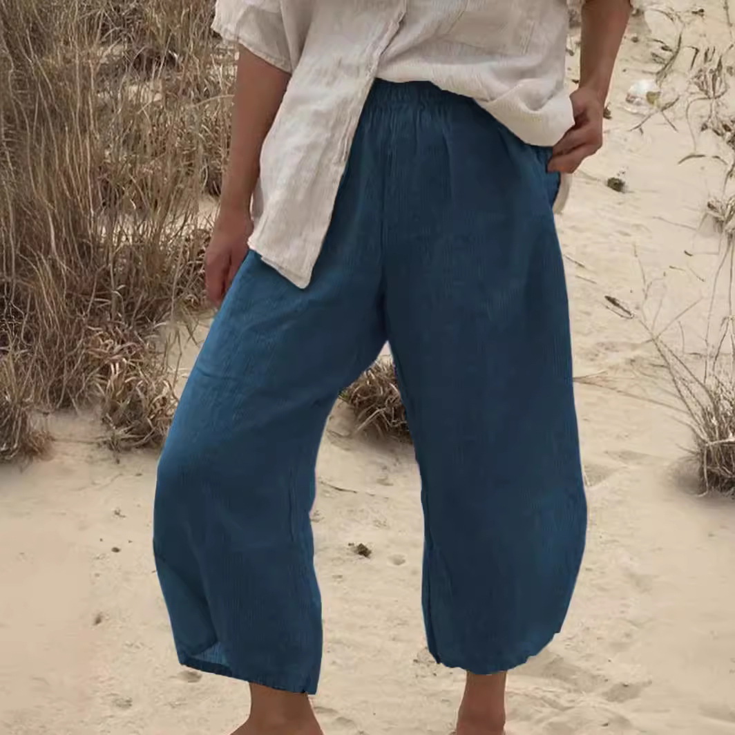 Linen-Blend High-Waist Straight-Leg Capri Pants with Pockets