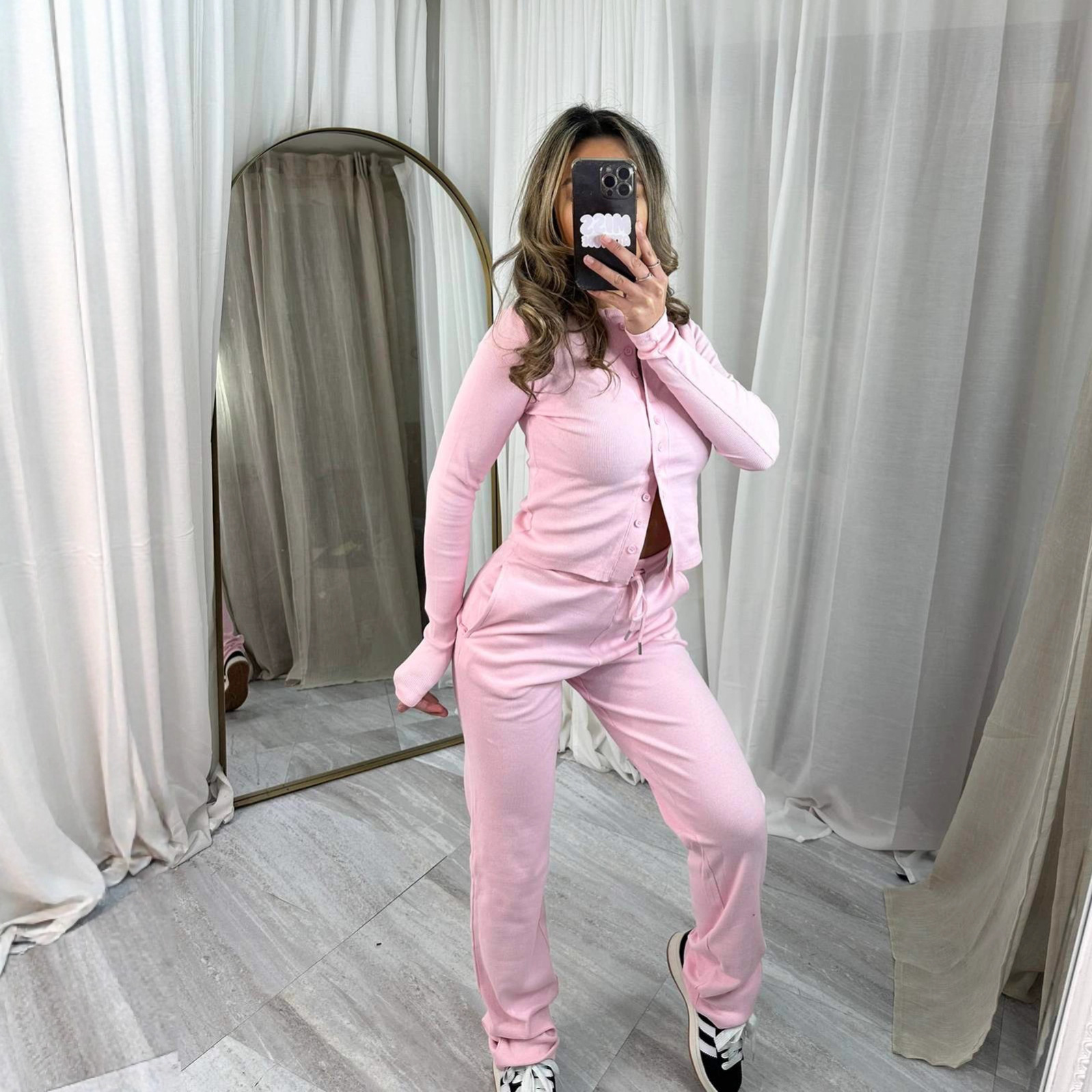 Women's Two-Piece Set: Long-Sleeve Button Cardigan & Tie-Waist Pants