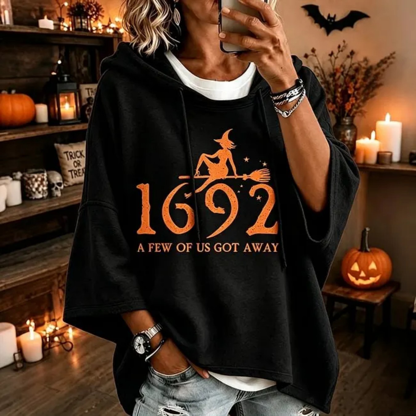 Halloween Witch Broom Flying 1692 Print Hoodie Women's Top