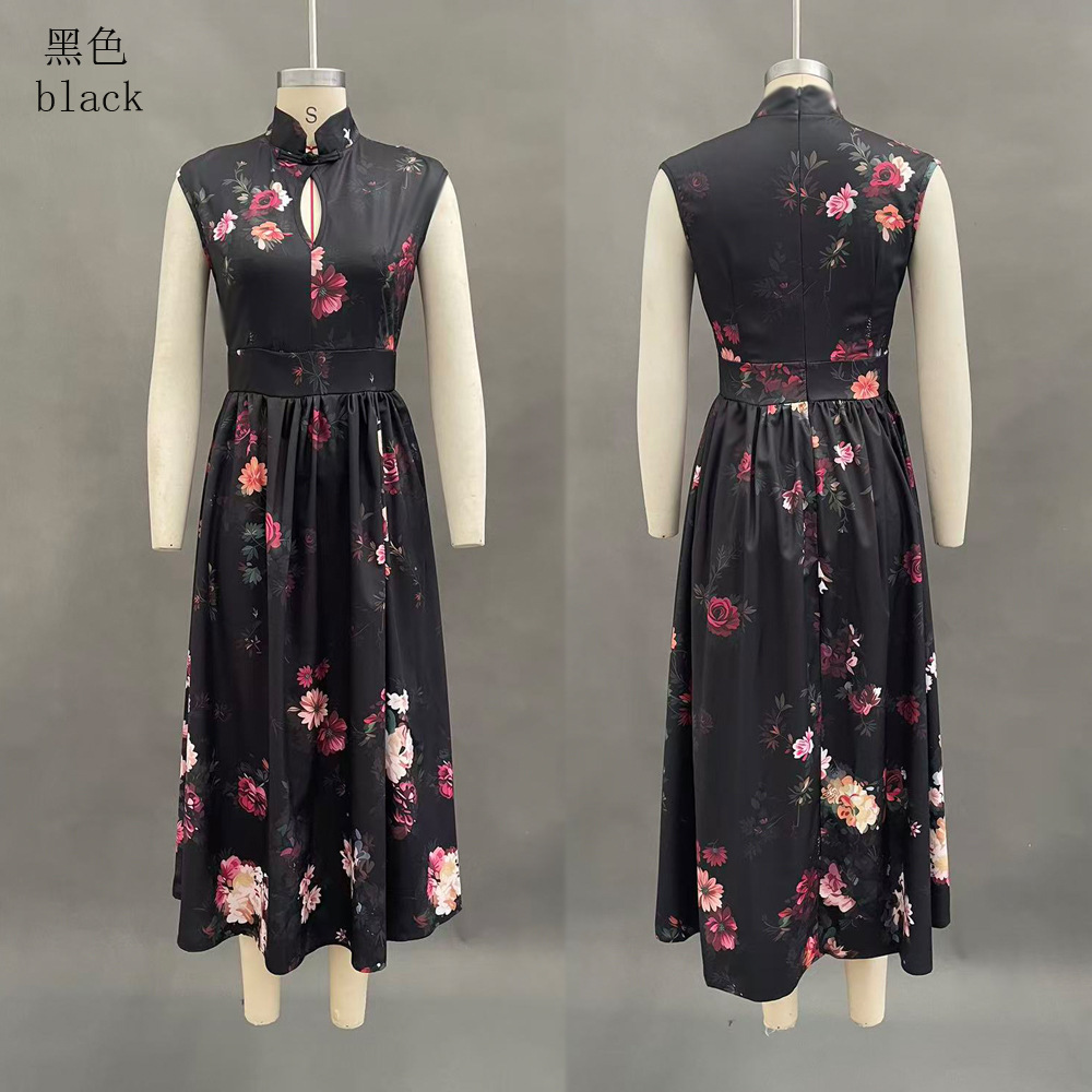 Women's Sleeveless Black Floral Print Maxi Dress with 3D Flowers Slim Fit