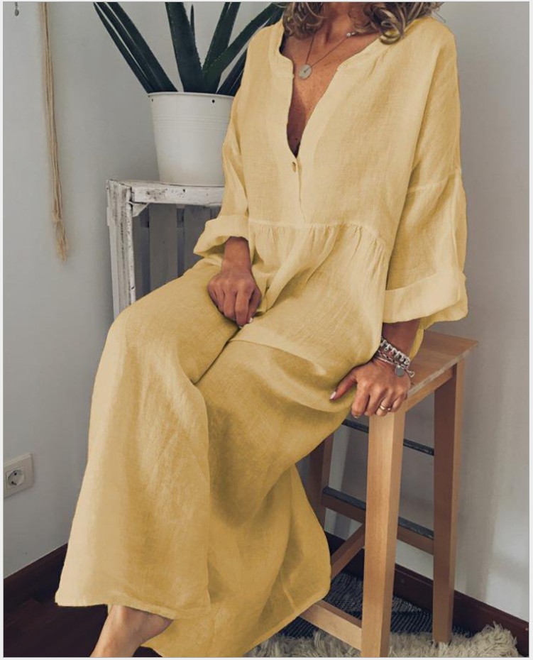 Solid Long Sleeve V-Neck Button A-Line Maxi Dress