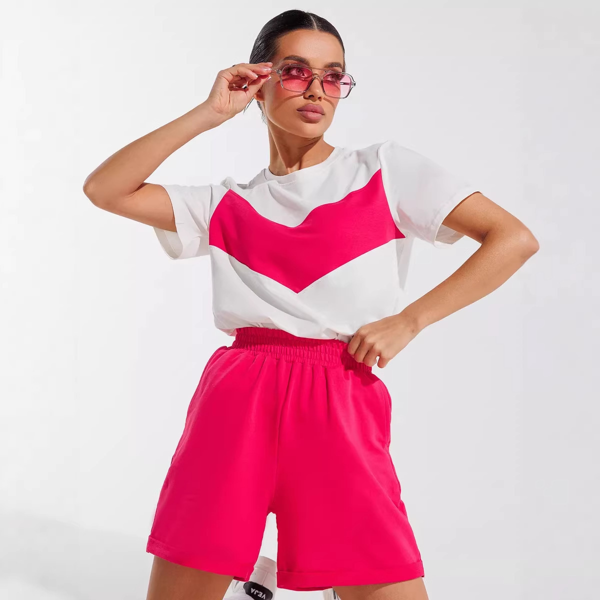 Women's Colorblock Short Sleeve T-Shirt Two-Piece Set Casual Short Outfit