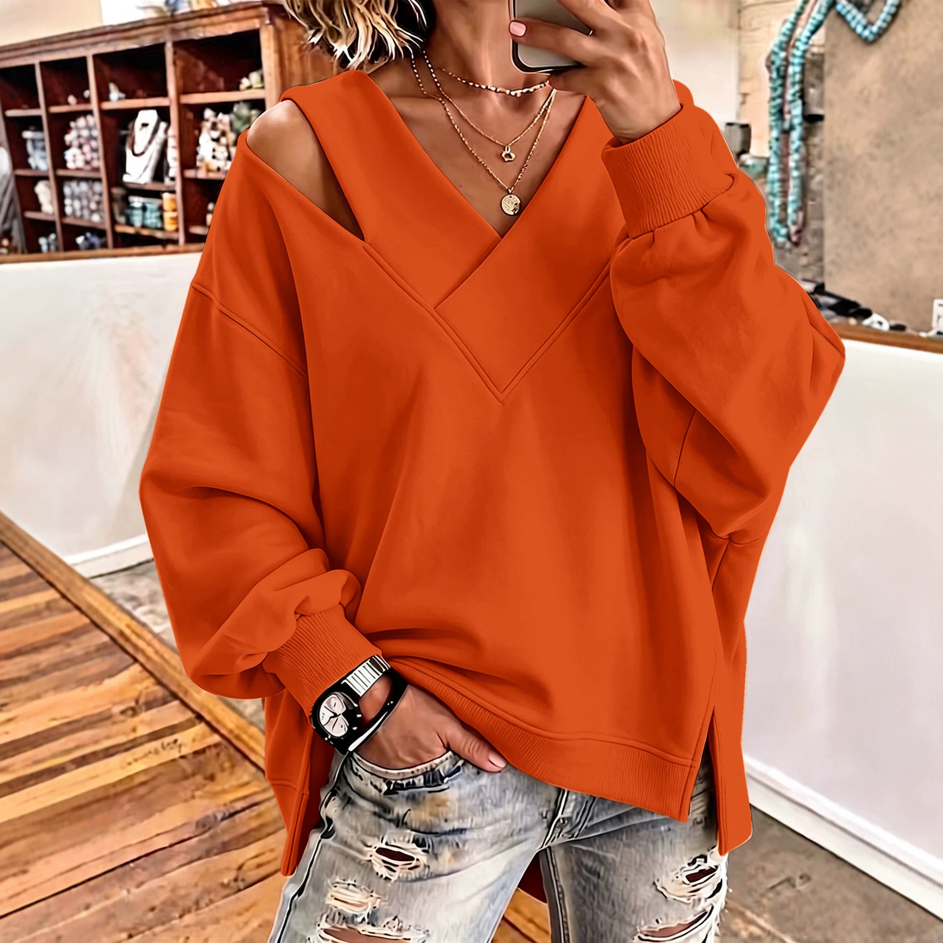 One-Shoulder V-Neck Loose Sweatshirt with Side Slit