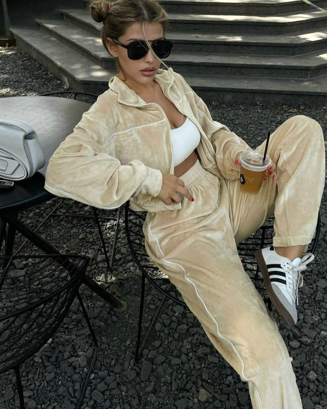 Velvet Zip-Up Long Sleeve Two-Piece Pants Set