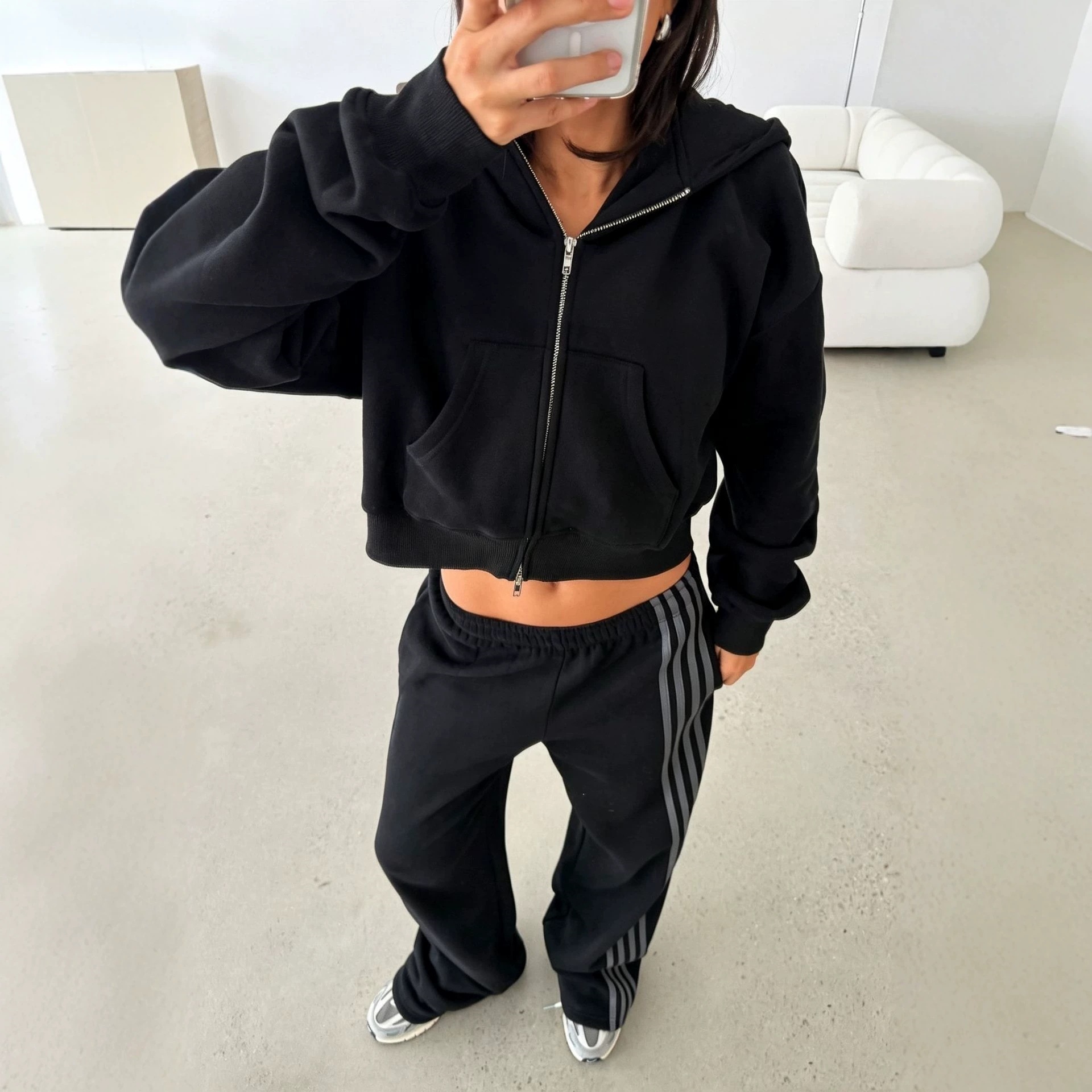 Women's Cropped Zip-Up Hoodie and Jogger Set with Side Stripe Pants