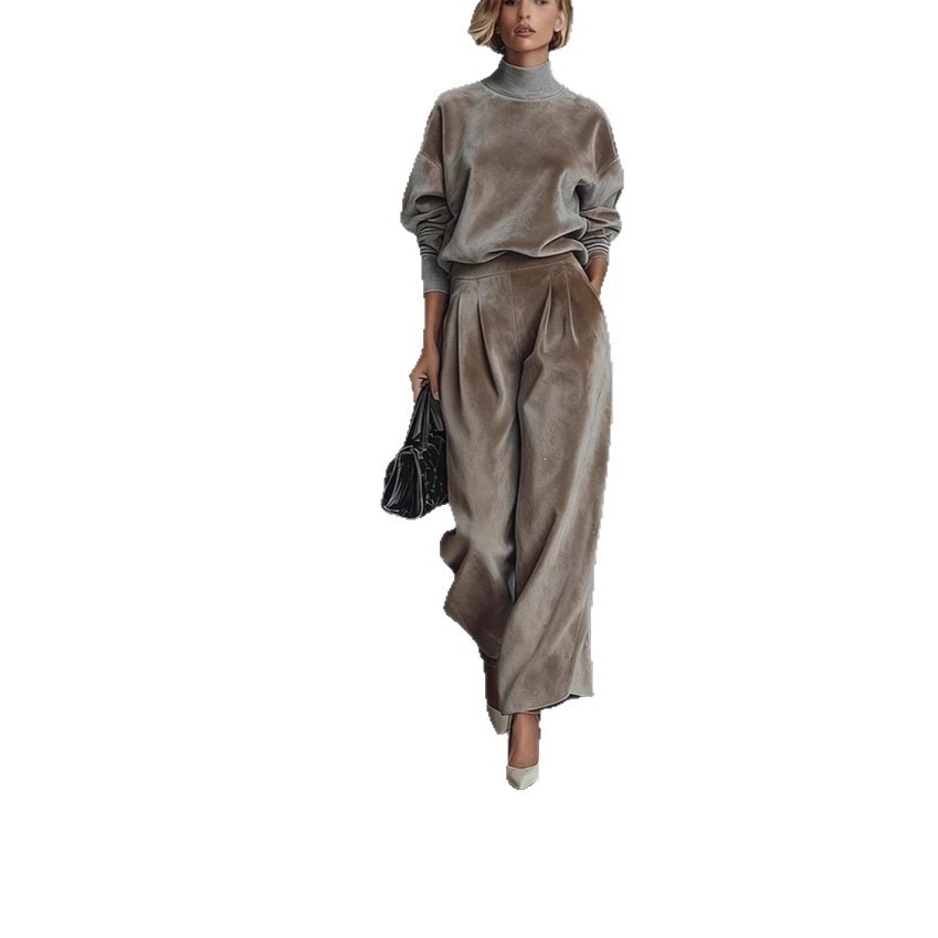Velvet Long-Sleeve Turtleneck Top & Wide-Leg Pants Set