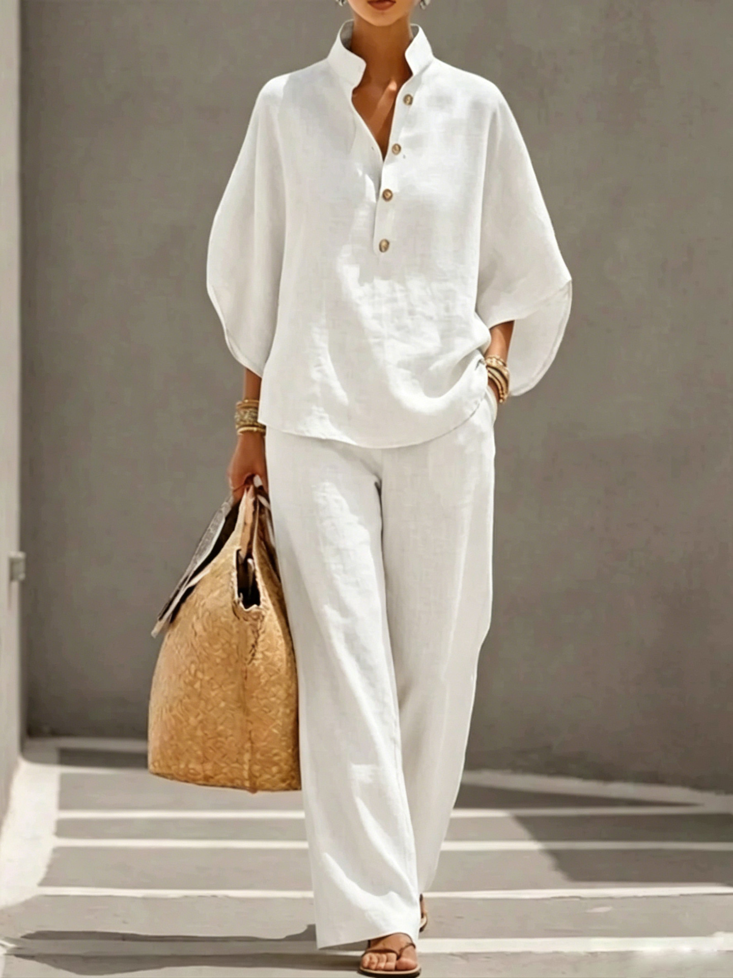 Women's Casual Shirt and Pants Set Solid Color Two-Piece Outfit