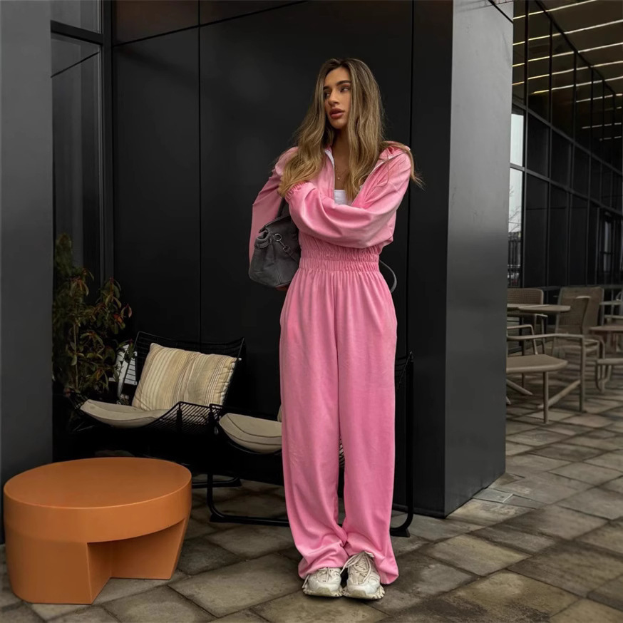 Women's Long Sleeve Jumpsuit with Half Placket and Elastic Waist