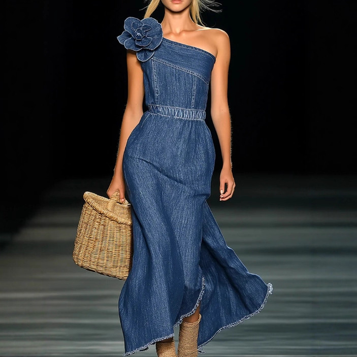 Elegant Strapless Denim 3D Floral Long Dress