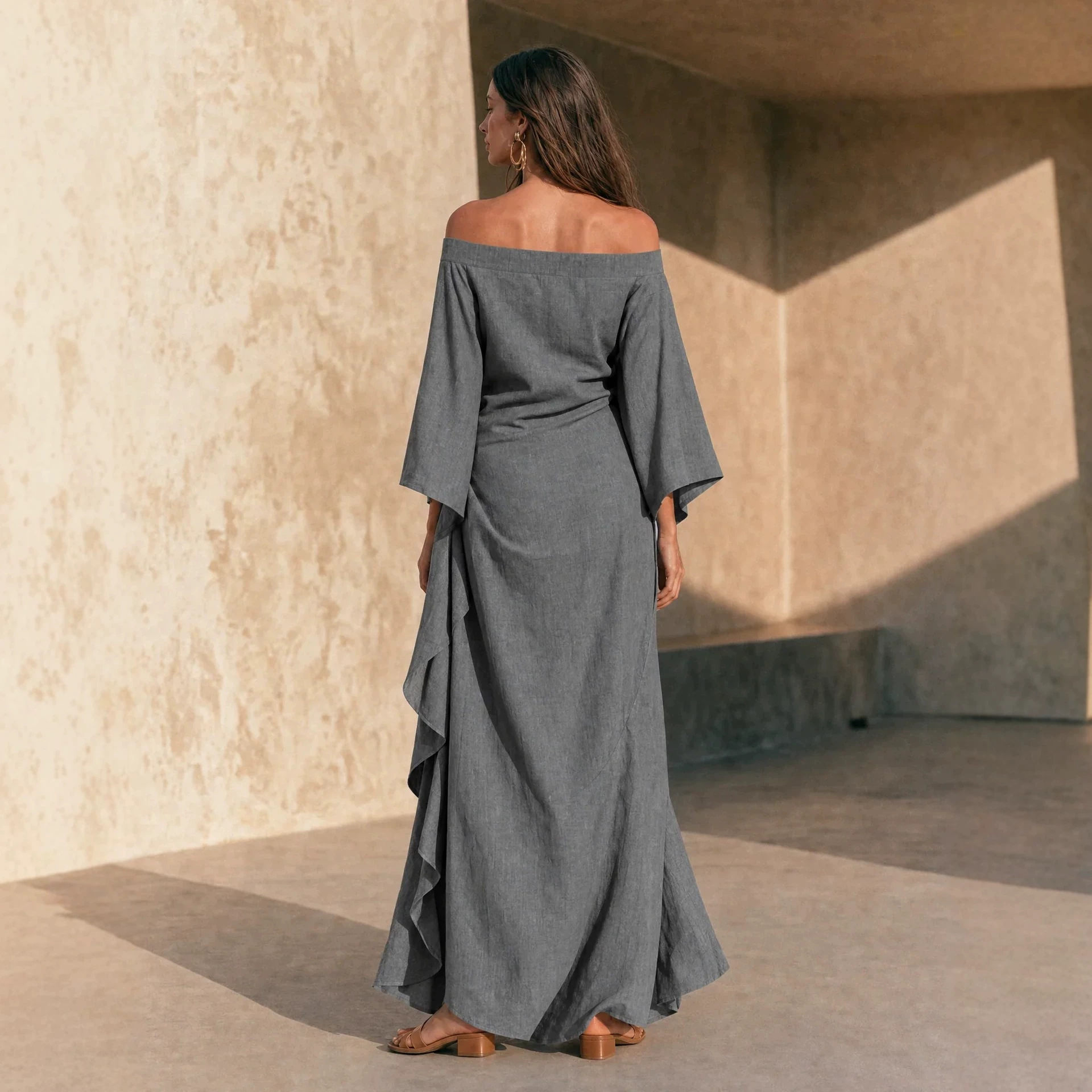 French Off-Shoulder Linen-Blend Maxi Dress with Ruffles and Asymmetric Hem