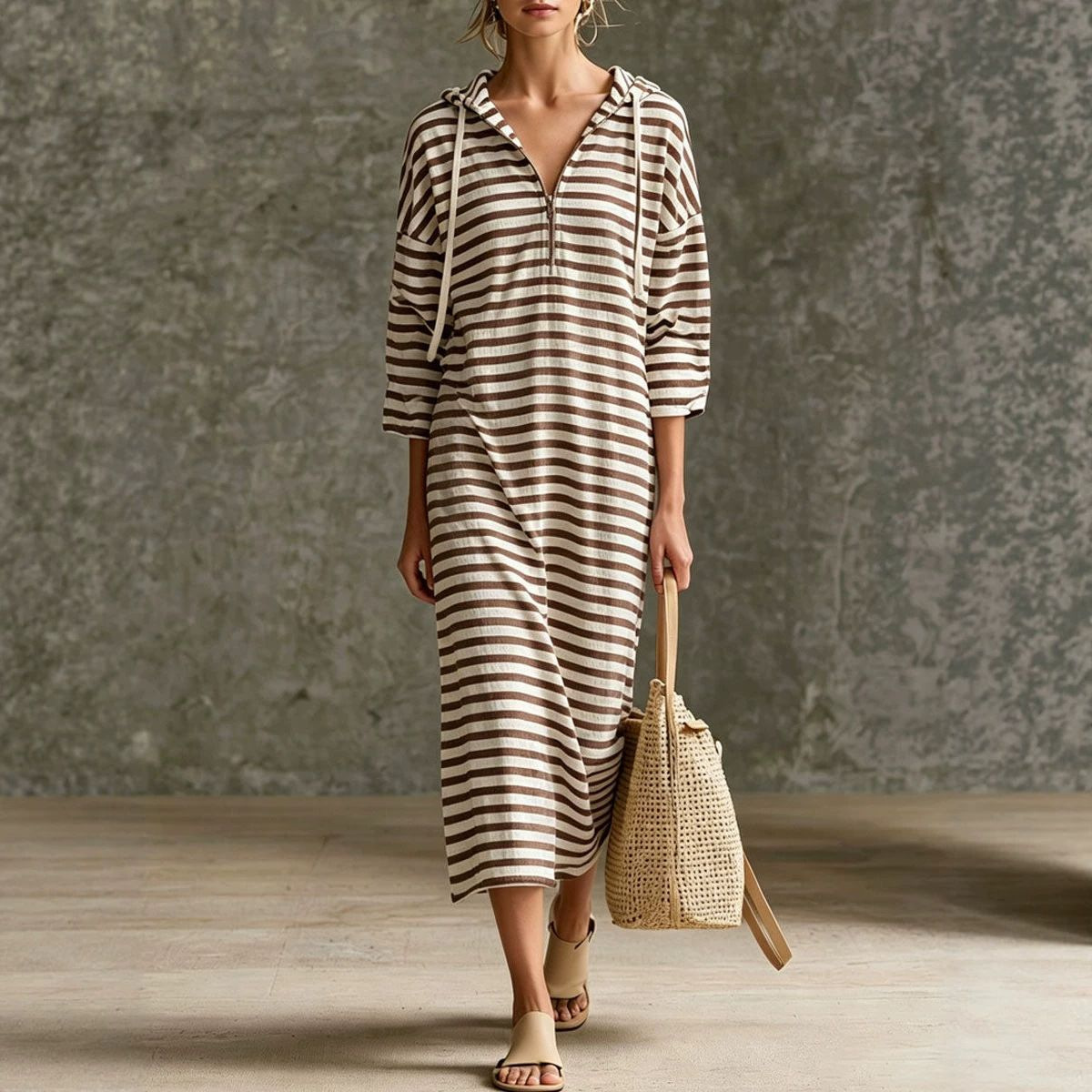 Striped Hooded Midi Dress Casual Sporty Long Sleeve