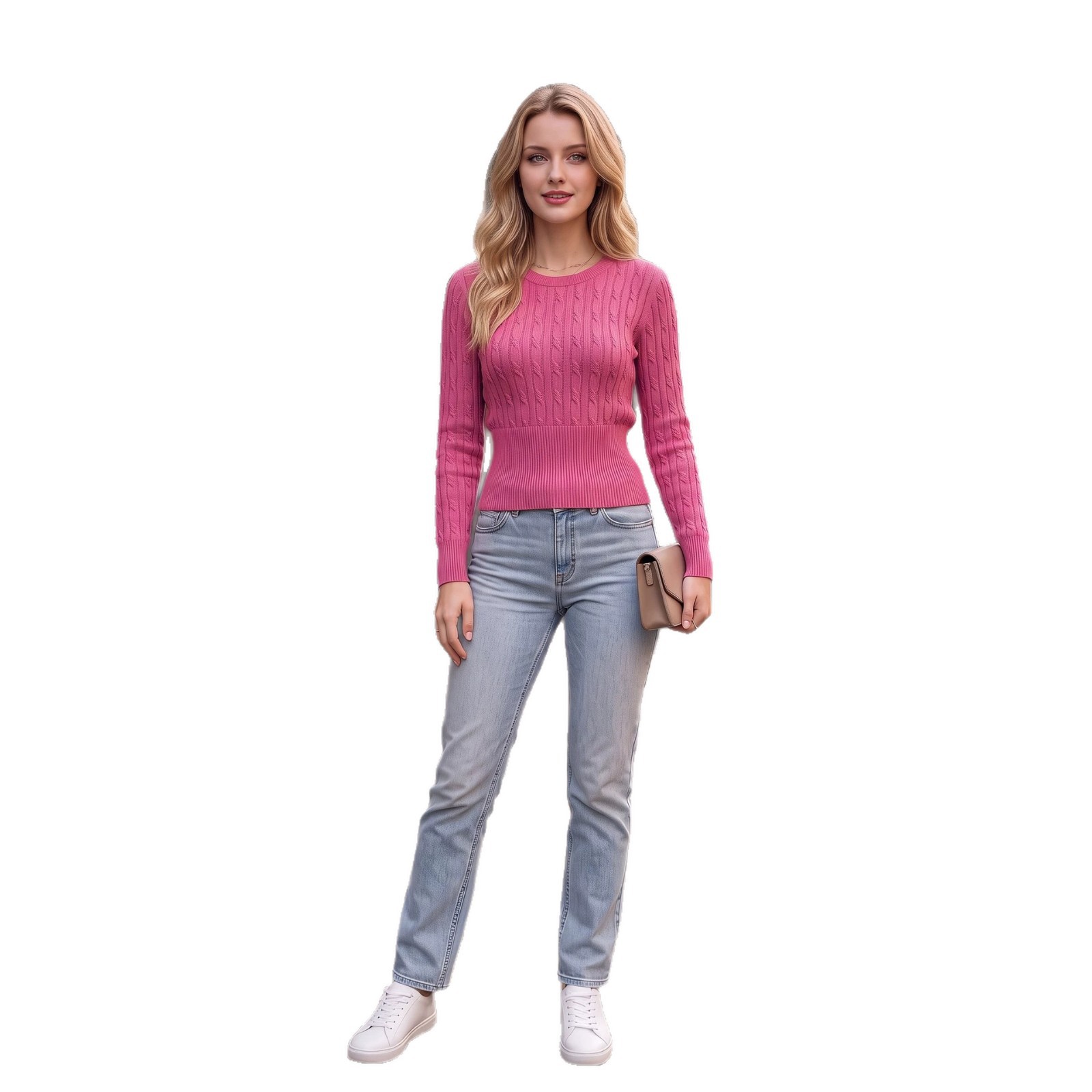 Women's Cable Knit Crewneck Sweater Slim Fit Cropped Pullover