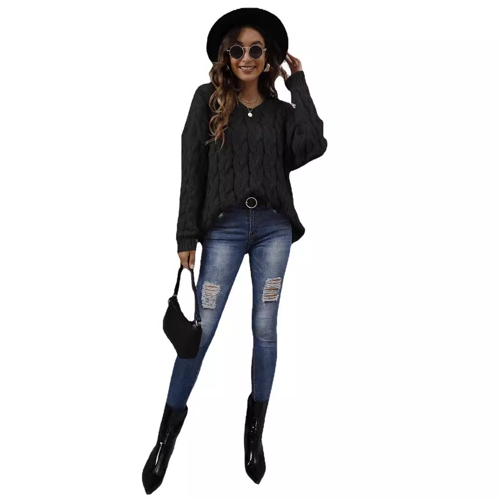 Women's Chunky Cable Knit V-Neck Hooded Pullover Sweater