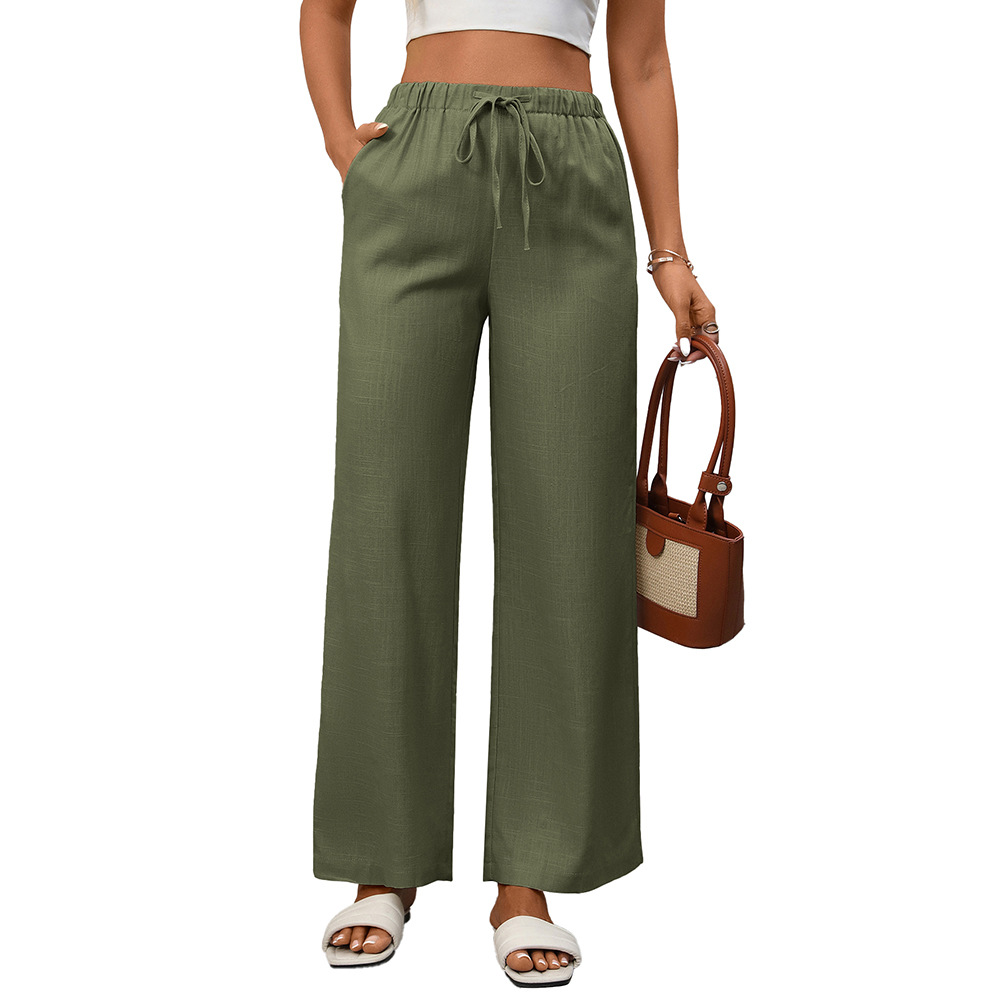 Women's Solid Color High-Waist Wide-Leg Cotton-Linen Pants