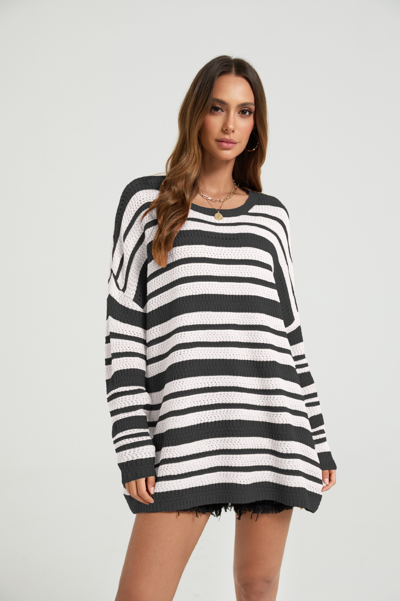 Color-Block Striped Knit Pullover Sweater Women Loose Fit Long Sleeve