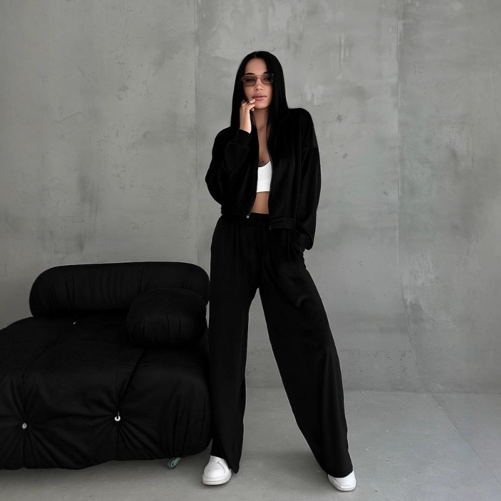 Women's Long Sleeve Zip-Up Collared Cardigan Sweatshirt and Pants Set
